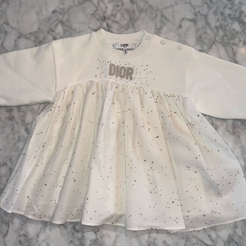 NWOT DIOR WHITEโLOGO SWAROVSKI DRESS 12M
